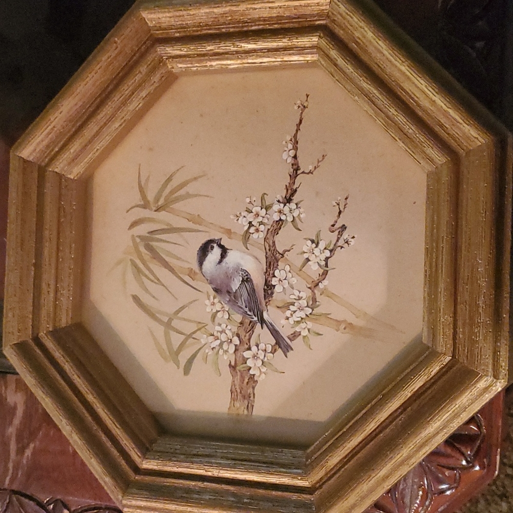 Pair of CHICKADEE PRINTS, 1983 VINTAGE HOME INTERIORS OCTAGON FRAMES BIRD ART